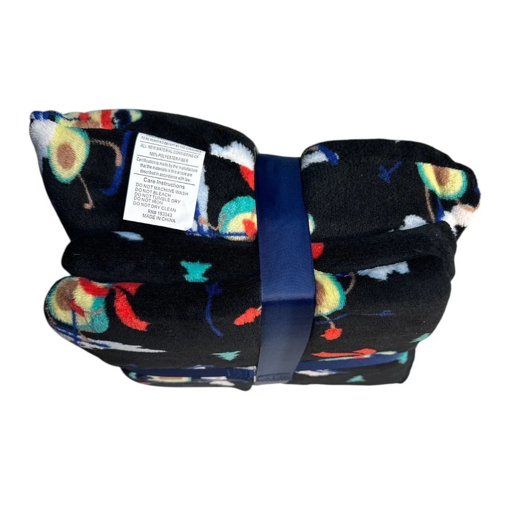 NWT ANA Pillow & Throw Gift Set Black Snow Ski Print Flannel Fleece 50x60 Winter